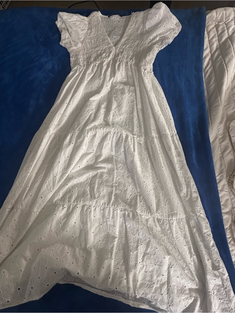 Zara White Eyelet Embroidered Smocked Maxi Dress - Size L